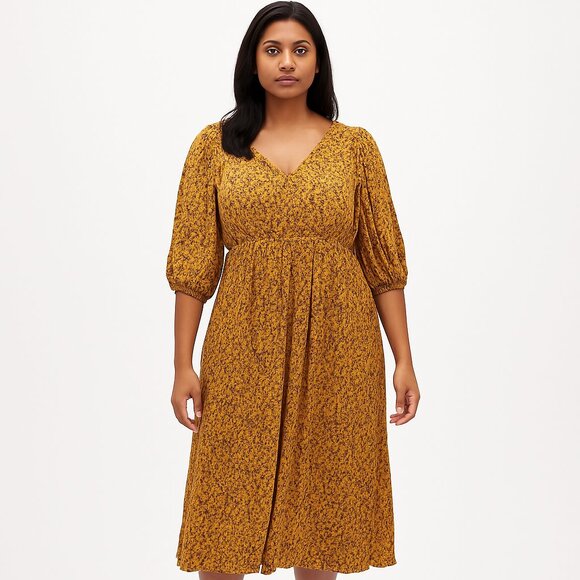 Anthropologie Dresses & Skirts - Anthropologie Gold V-Neck Bishop Sleeve Dress Size Large